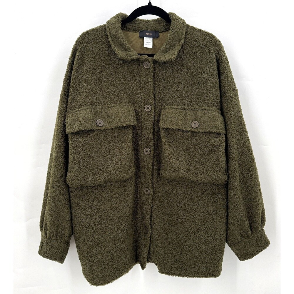 RAIN Teddy Sherpa Shacket Women L Olive Green Oversized Fleece Jacket Utility Co